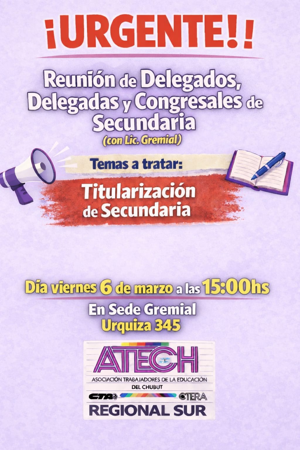 Urgente reunión de delegados/as, congresales de nivel secundario.
